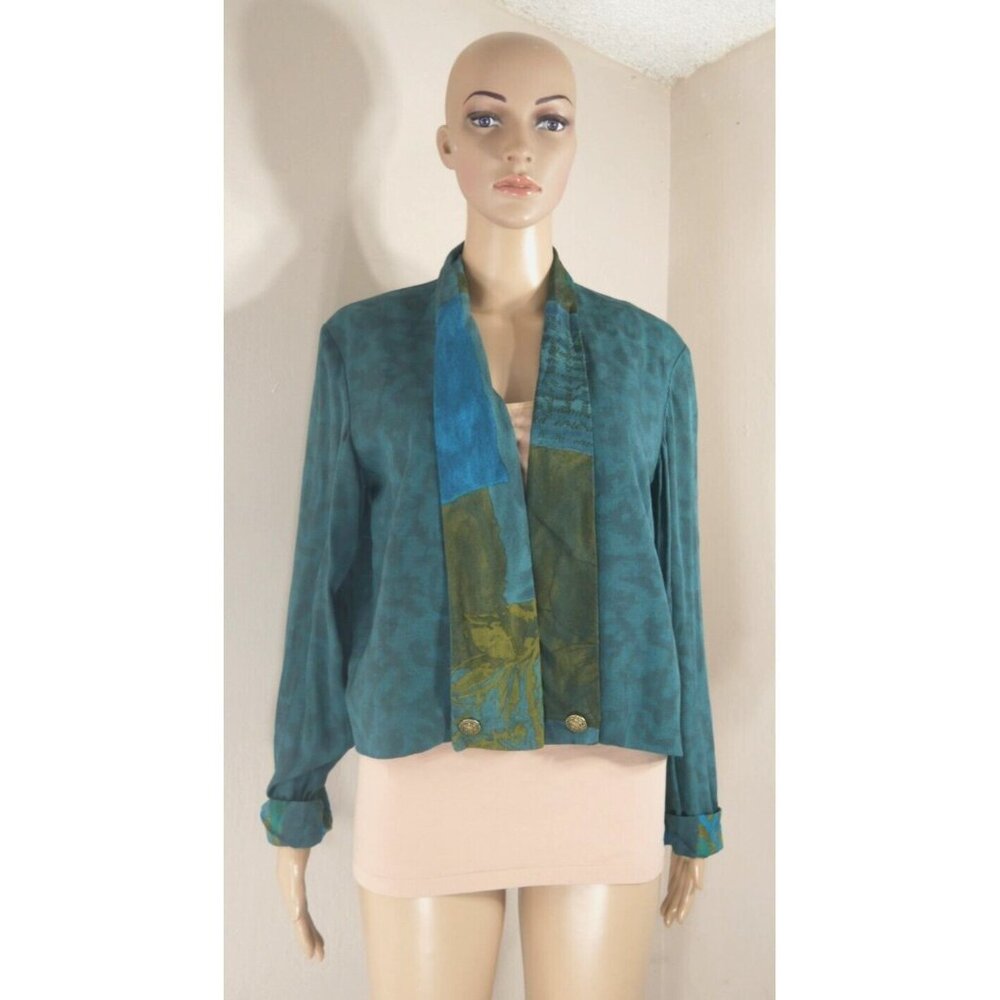 AKF New York Vintage Jacket Blue Green Shawl Collar Artsy Boho Womens Small ***